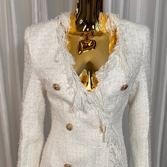 White Tweed Mini Dress Gold Buttons Sz 0 - Picture 4 of 8